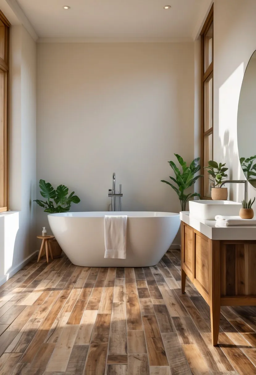 A bathroom with wood-look tile flooring, a white freestanding bathtub, a wooden vanity with a round mirror, and sunlight coming through a window.