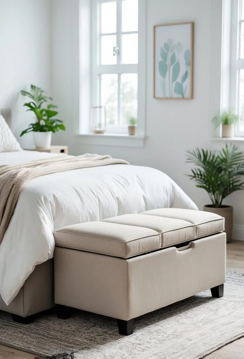 A small bedroom with a storage ottoman bench at the foot of the bed and natural light coming through a window.
