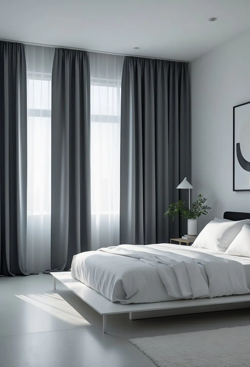 A bedroom with blackout curtains drawn over a large window, a bed with white bedding, a bedside table with a lamp, and a small plant.