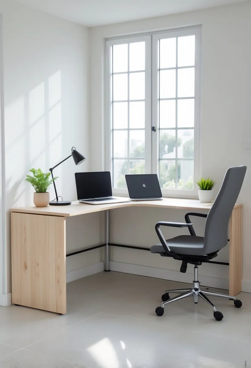 An L-shaped corner desk in a bright home office with a laptop, desk lamp, plant, and office chair.