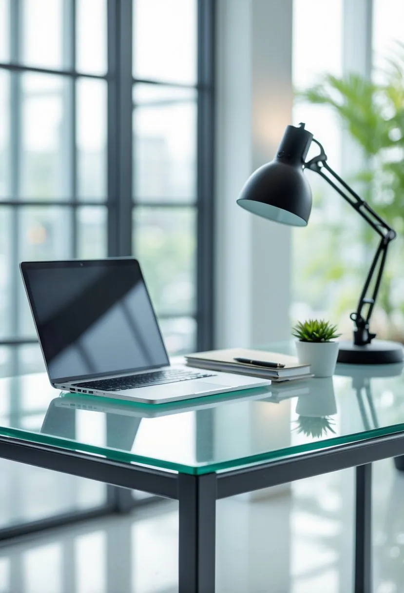A glass top desk with a metal frame in a bright room, with a laptop, lamp, plant, and notebook on the desk.