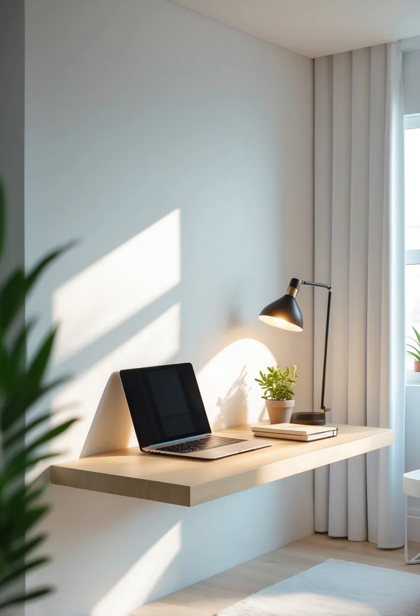 A wall-mounted floating desk with a laptop, plant, notebook, and desk lamp in a bright, minimalist room.