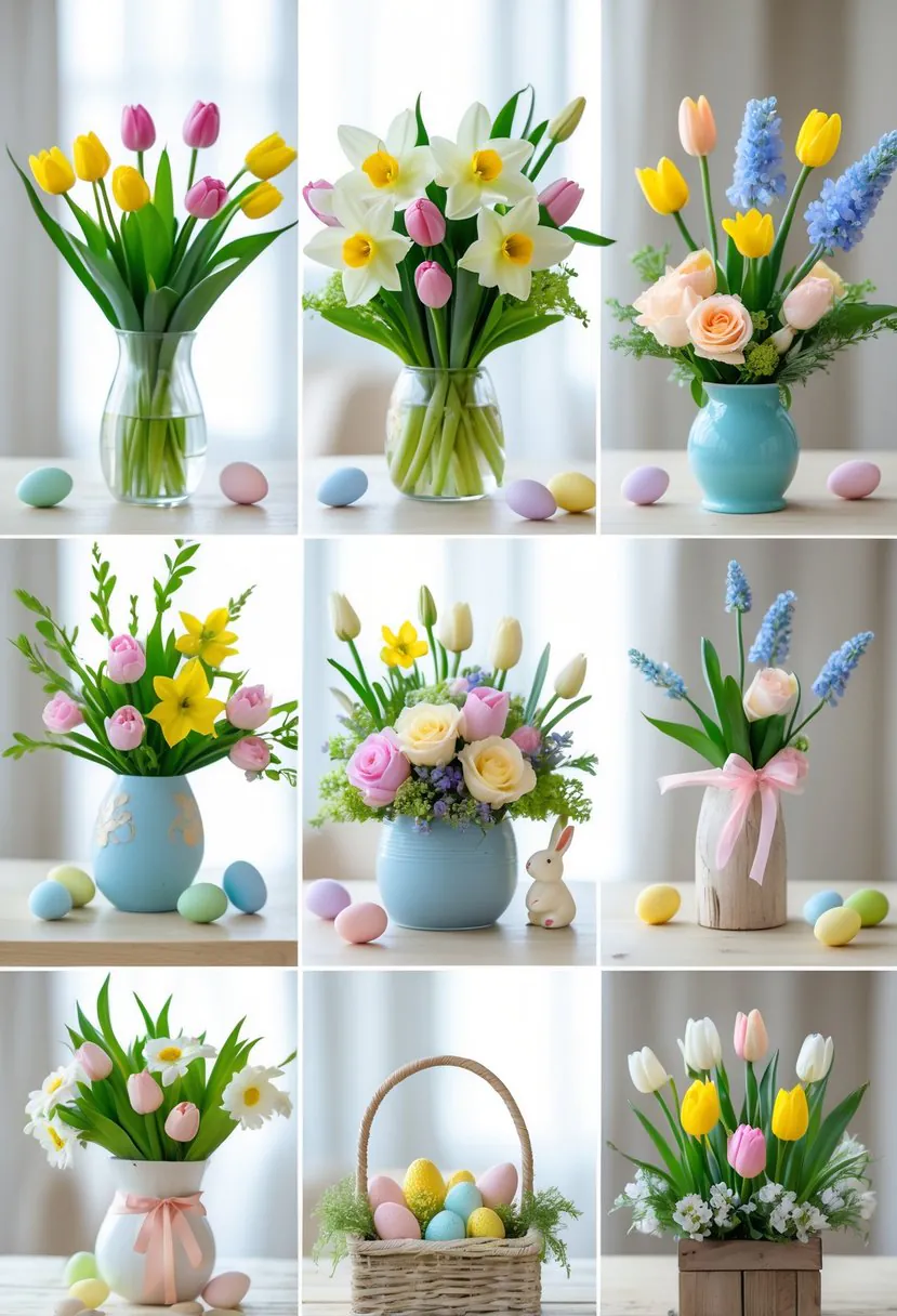 Seven different Easter floral arrangements with colorful spring flowers and decorative elements displayed on a wooden table.