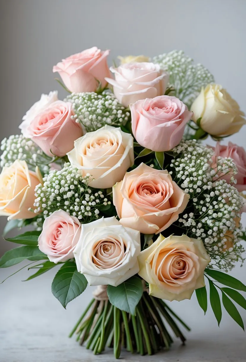 A bouquet of pastel roses and white baby's breath flowers with green leaves on a soft background.