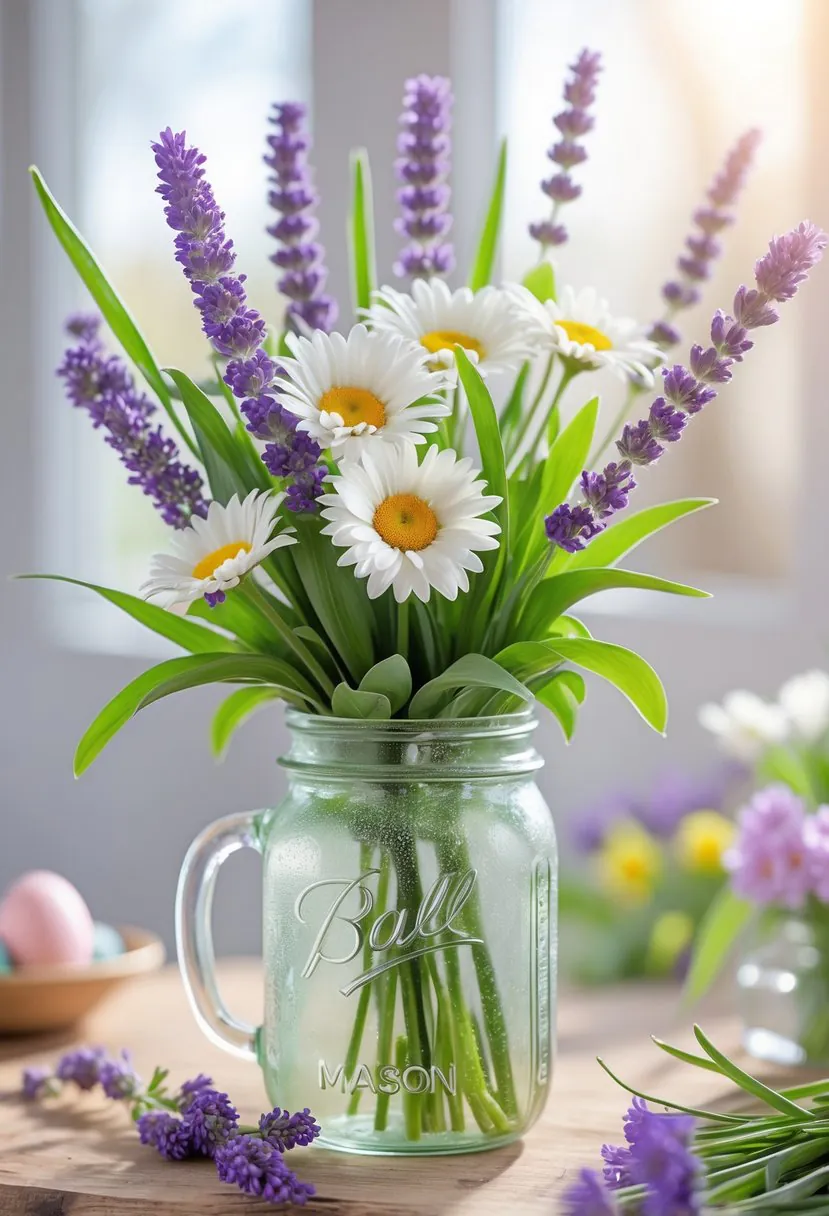 A mason jar vase filled with fresh daisies and lavender flowers on a wooden table with a bright, softly blurred background.