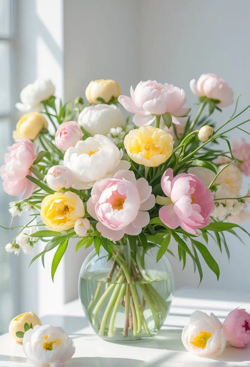 A colorful bouquet of peony and ranunculus flowers in a glass vase on a white surface with a soft, neutral background.