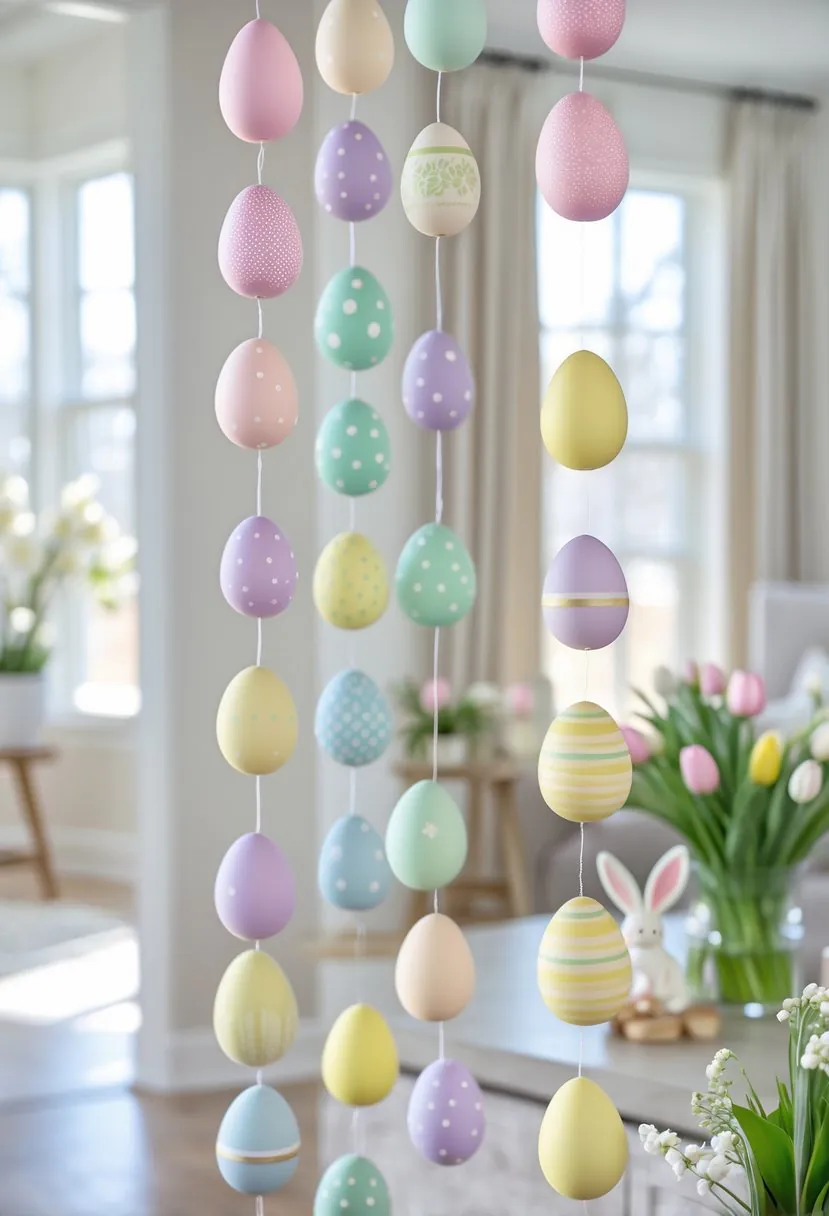 Pastel-colored Easter egg garlands hanging in a bright living room decorated for Easter with flowers and bunny figurines.