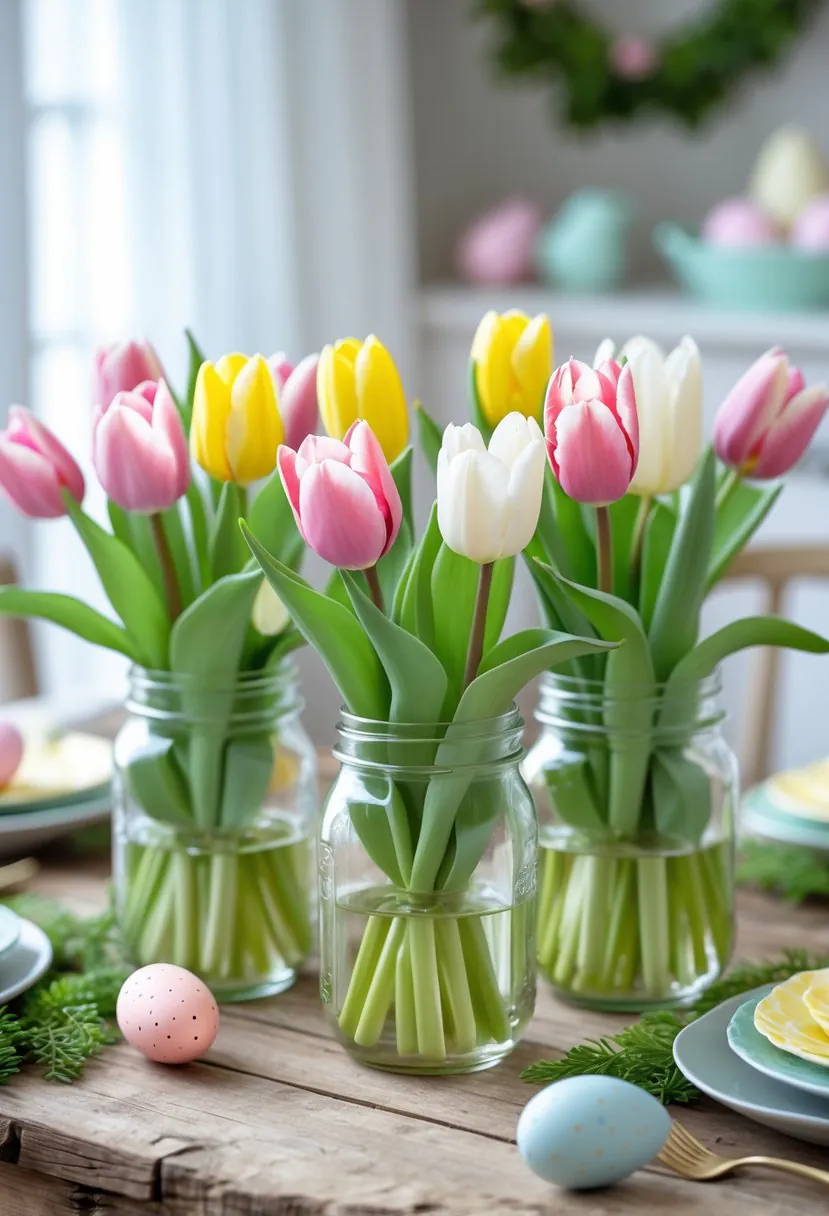 Fresh tulip flowers in mason jars arranged on a wooden table with soft natural light.