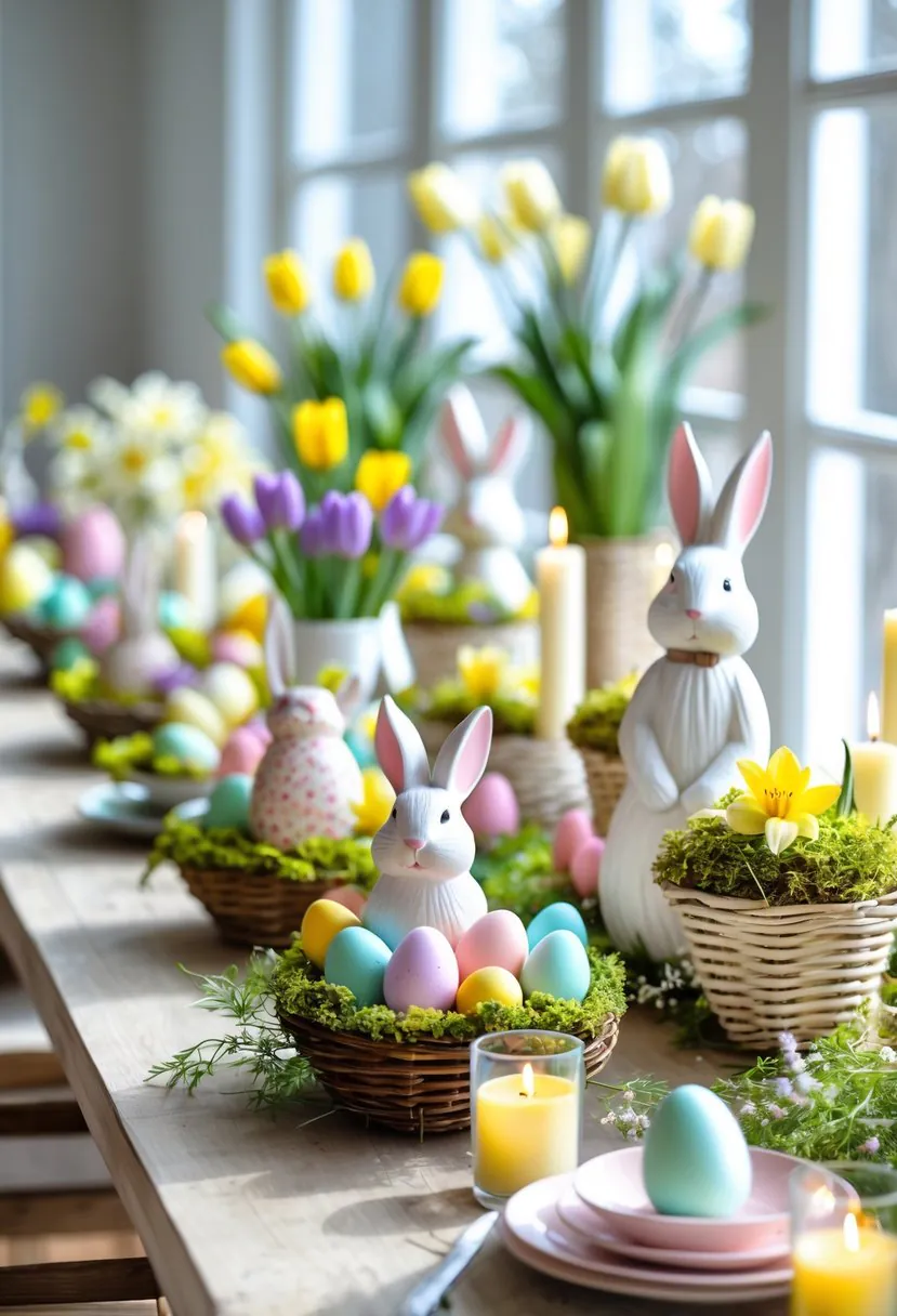A table displaying ten different Easter centerpieces featuring flowers, colorful eggs, bunny decorations, and candles.