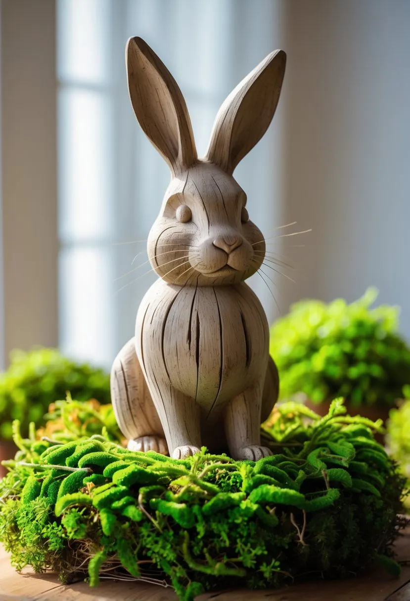 A wooden bunny figurine sitting on a table surrounded by green moss.