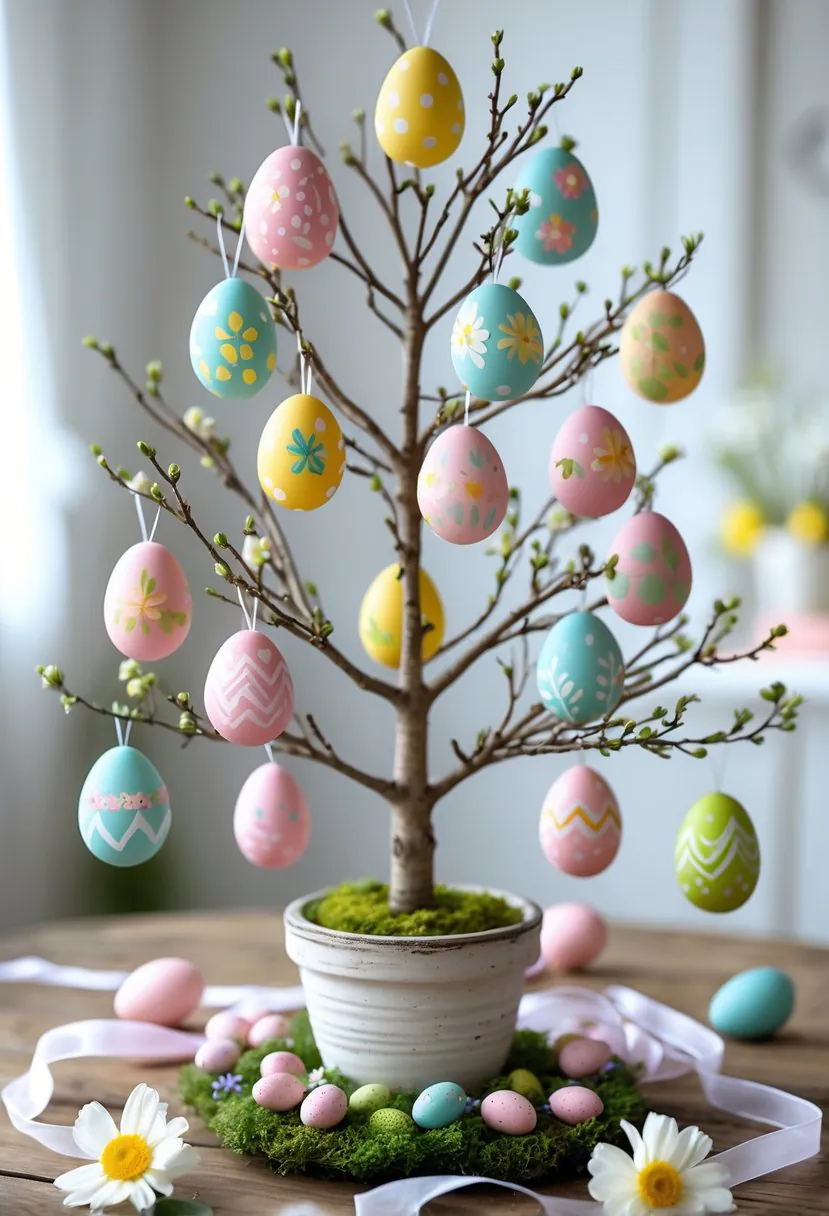 A small tree branch arrangement decorated with colorful hand-painted Easter eggs placed on a wooden table with spring flowers around it.