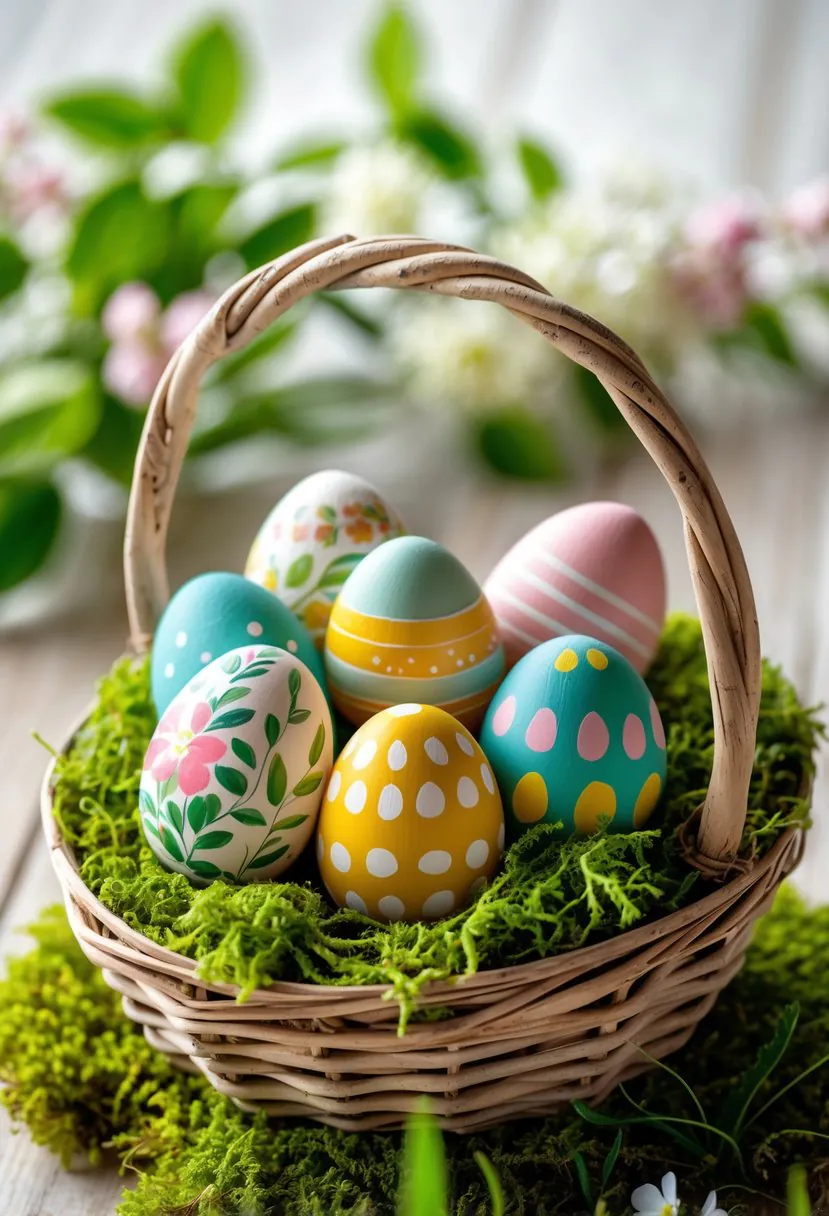 A basket filled with colorful painted wooden eggs resting on green moss.