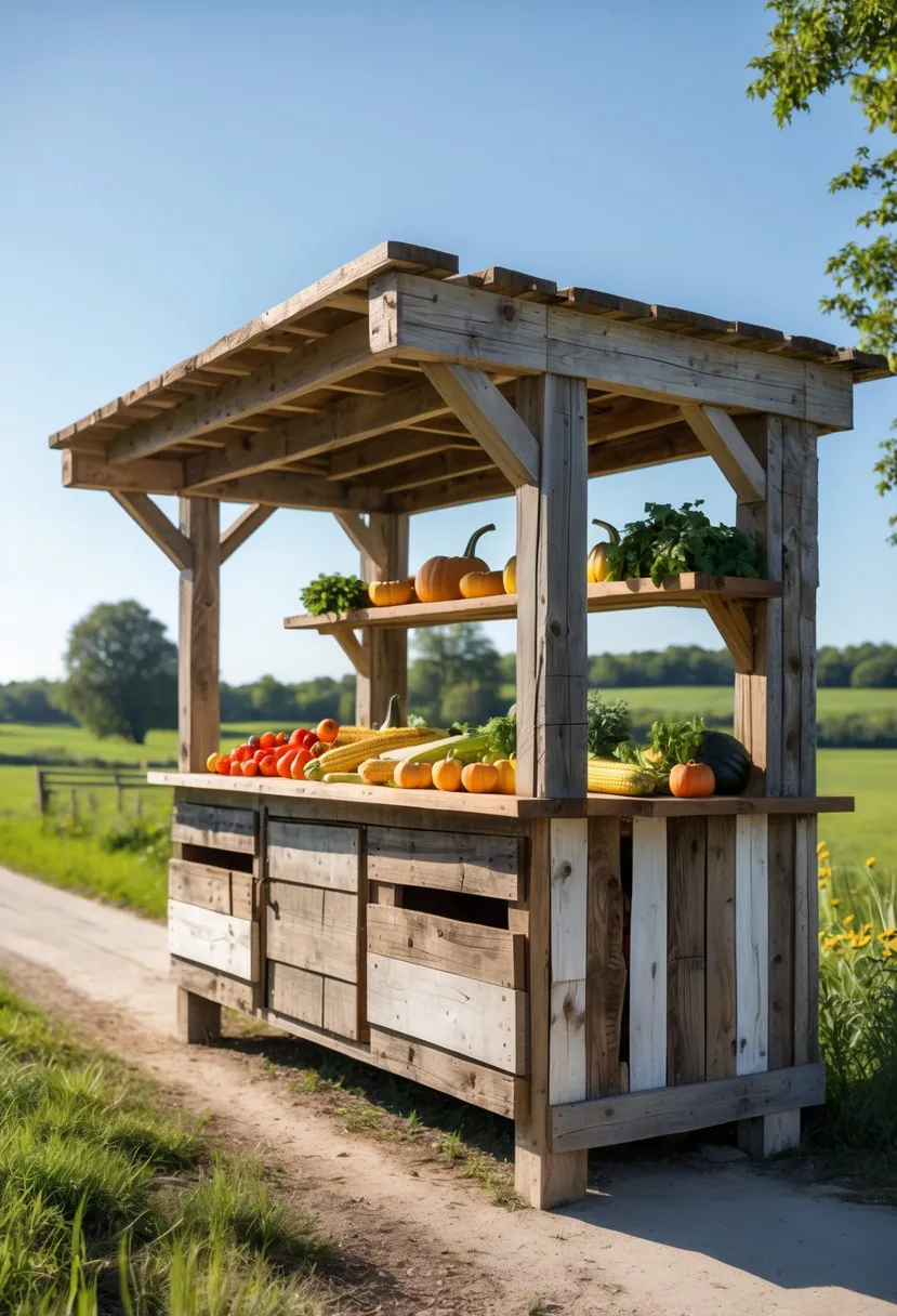 A roadside farm stand made from reclaimed wood displaying fresh fruits and vegetables outdoors in a rural setting.