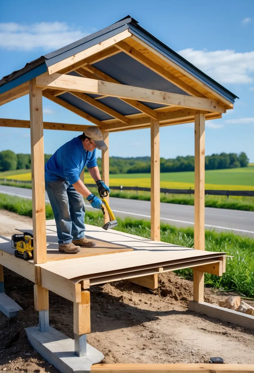 Person installing a weatherproof roof on a wooden roadside farm stand in a rural outdoor setting.