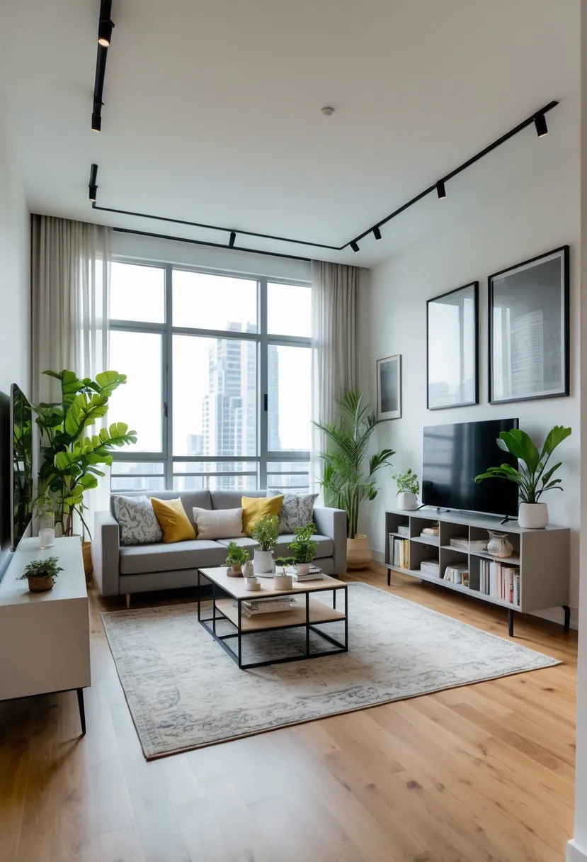 A bright and tidy apartment living room with a sofa, coffee table, bookshelf, plants, and large windows letting in natural light.