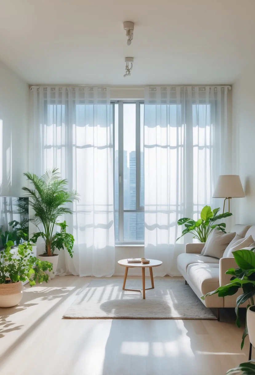 A living room in an apartment with large windows covered by sheer curtains letting in natural light, featuring a sofa, coffee table, and indoor plants.