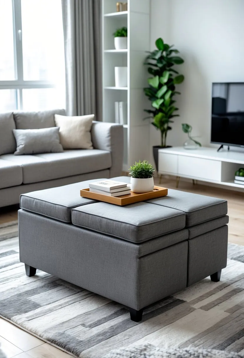 Apartment living room with a storage ottoman used as a coffee table and seating, surrounded by a sofa and natural light.