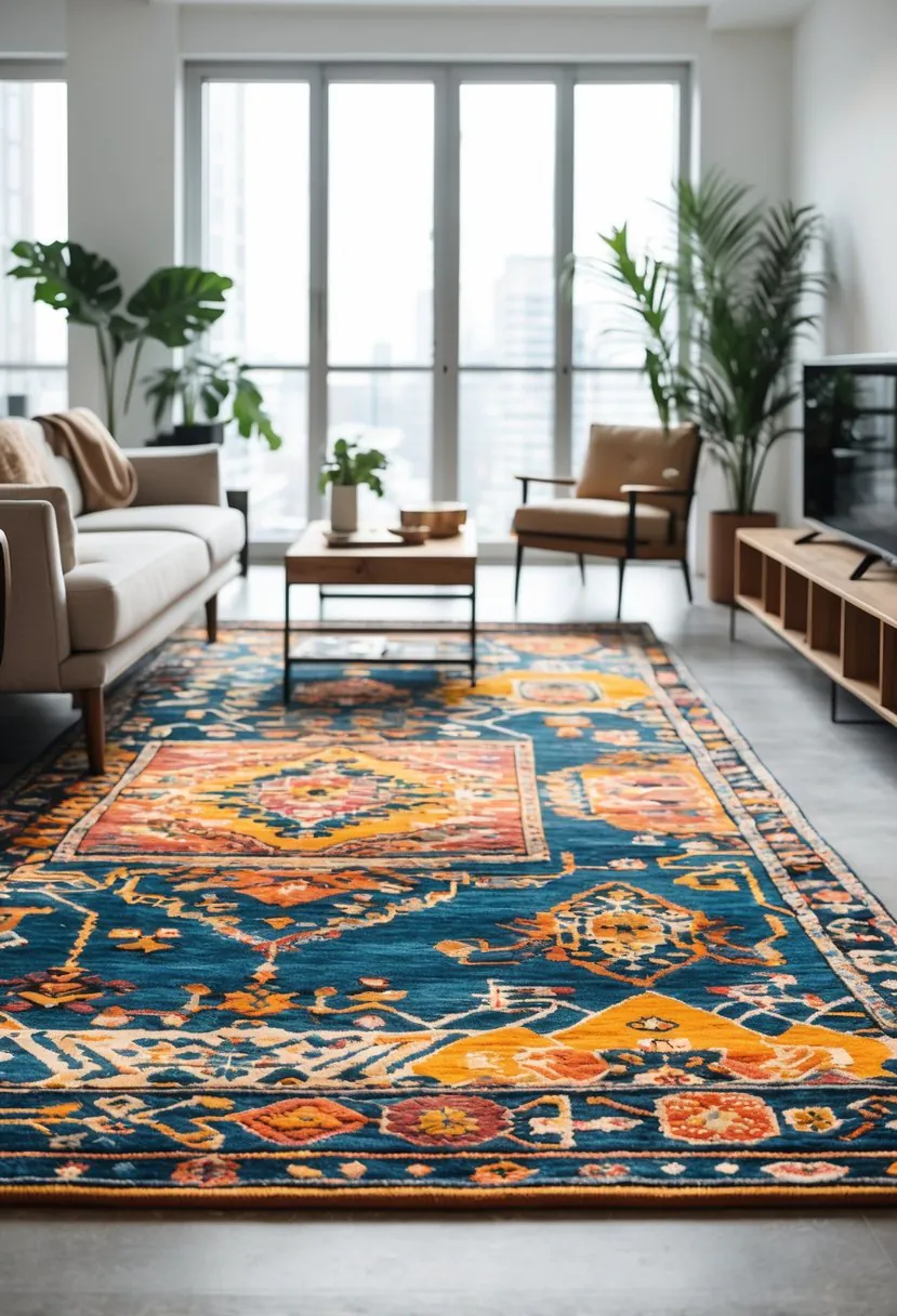 Living room in an apartment with a sofa, coffee table, and a colorful rug defining the seating area.