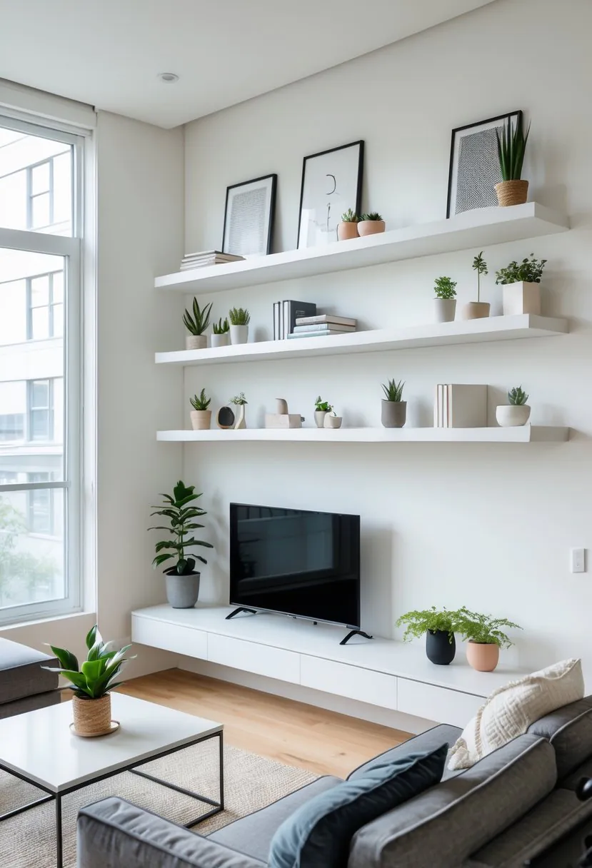 Living room with floating shelves mounted on the wall, a sofa, coffee table, and open floor space.