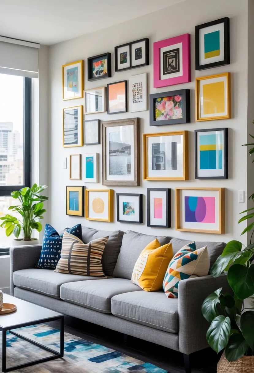 Living room in an apartment with a gallery wall of various picture frames above a sofa, natural light, and indoor plants.