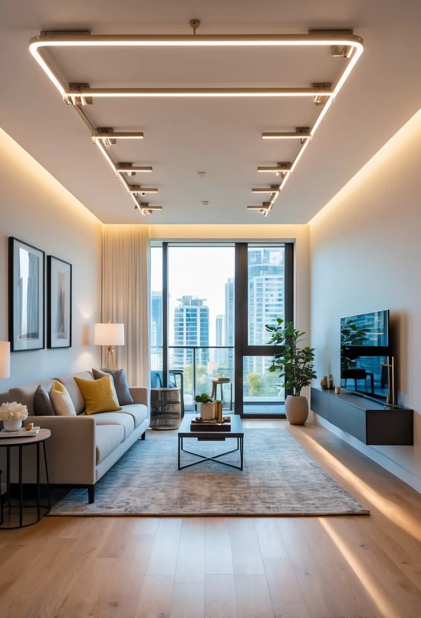 A modern apartment living room with adjustable track lighting on the ceiling illuminating a sofa, coffee table, and wall art.