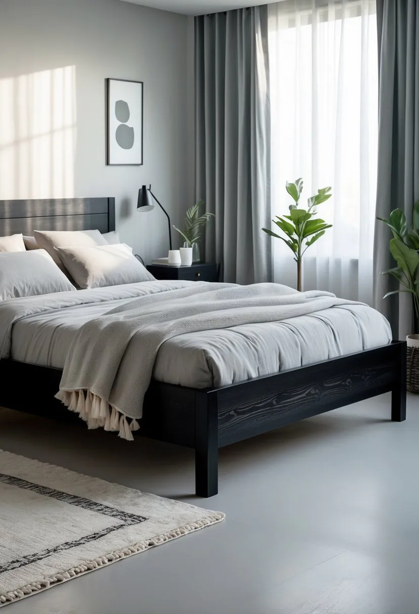 A bedroom with a black wood platform bed frame, neutral bedding, a bedside table with a lamp, a plant in the corner, and natural light coming through a window.