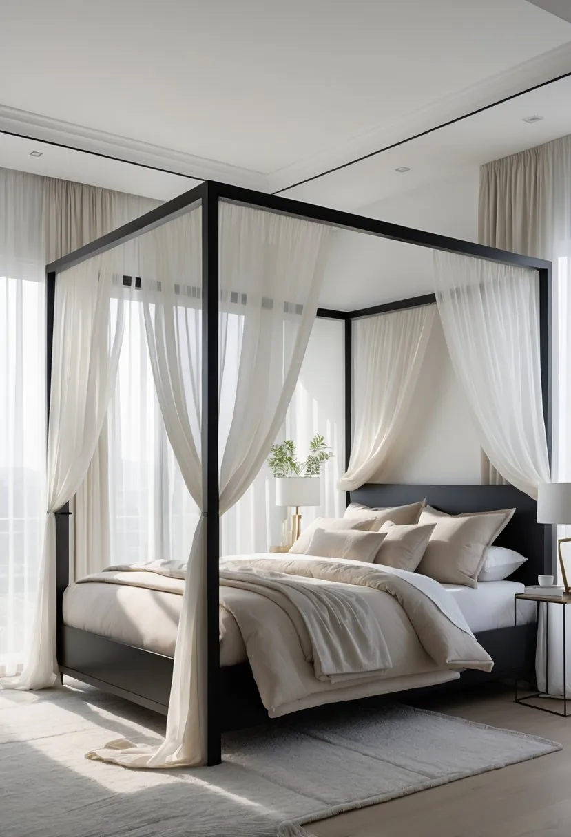A black canopy bed with sheer white curtains in a bright bedroom with neutral bedding and minimal decor.