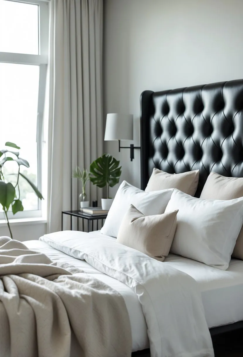 A bedroom with a black leather tufted headboard, white bedding, and a bedside table with a lamp.