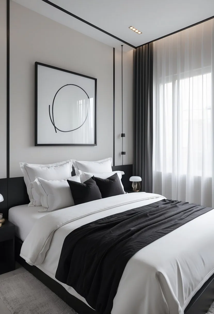 A bedroom with a bed, black framed artwork above it, a bedside table with a lamp, and natural light coming through a window.