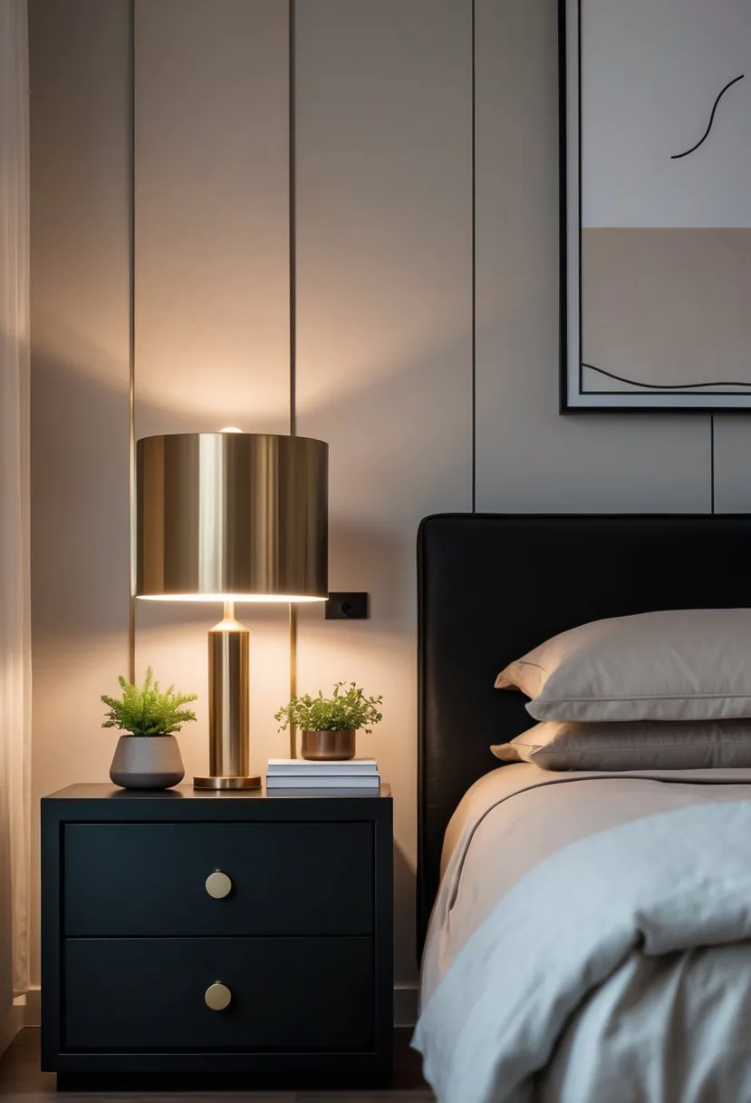 A bedroom scene with two black bedside tables, each holding a metallic lamp, placed on either side of a bed.