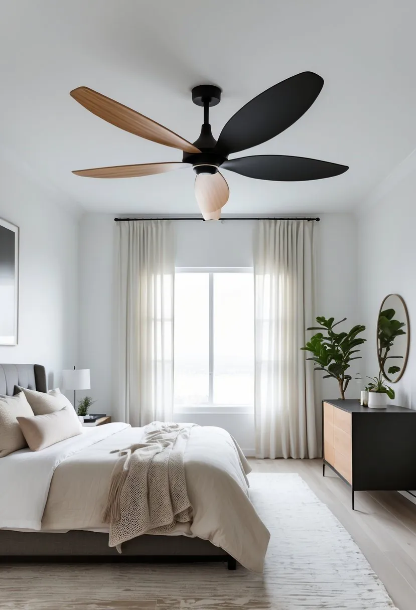 A bedroom with a black ceiling fan with wooden blades mounted on the ceiling above a bed.