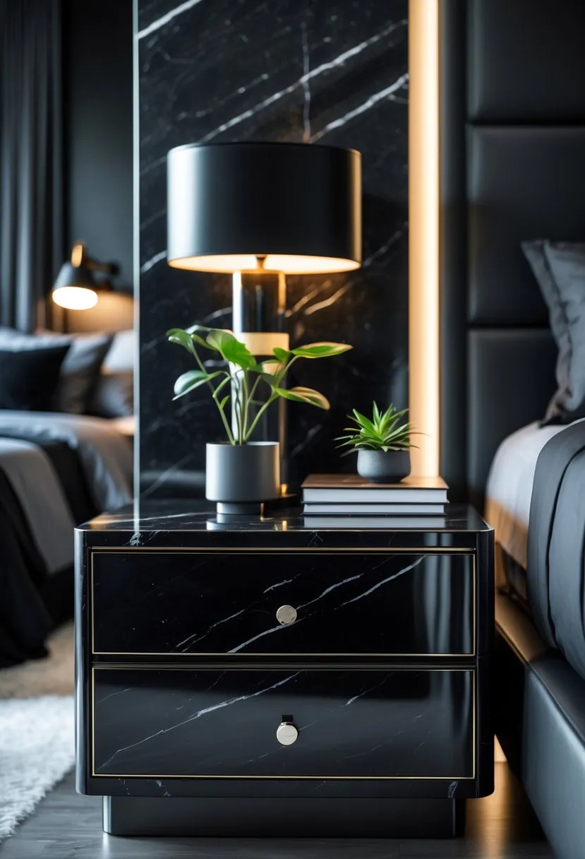 A black marble nightstand top in a bedroom with a lamp, plant, and books, next to a bed with dark bedding.