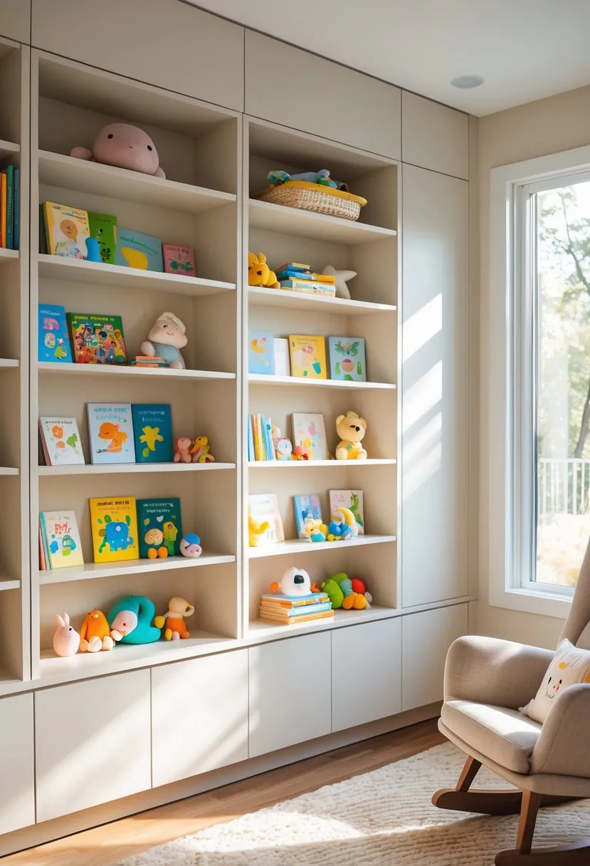 A nursery room with built-in bookshelves containing children's books and toys, designed with child-safe rounded edges.