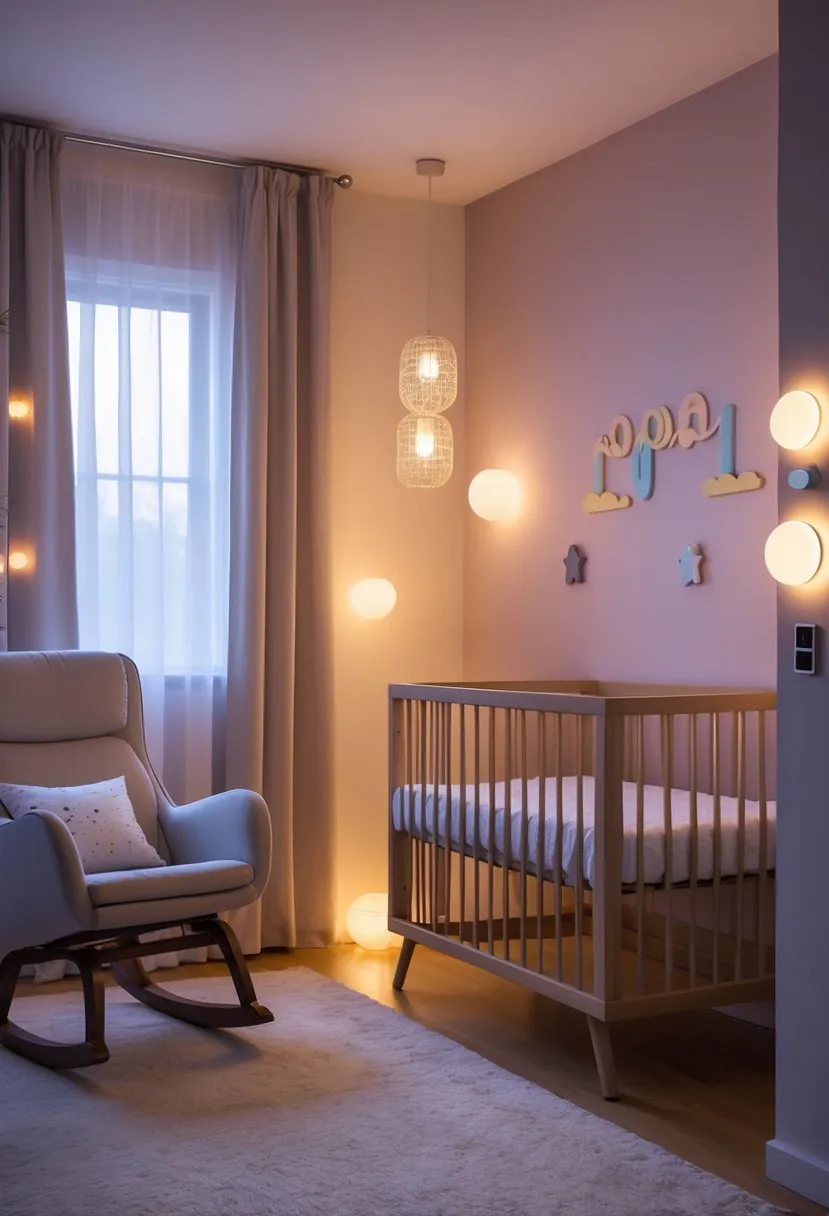 A softly lit nursery room with a crib, rocking chair, and LED night lights creating a warm and calming atmosphere.