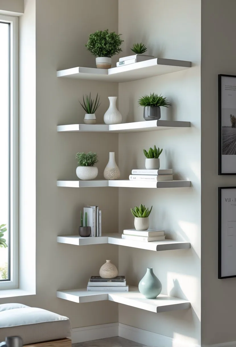 A corner of a living room with floating shelves holding plants, books, and decorative items.