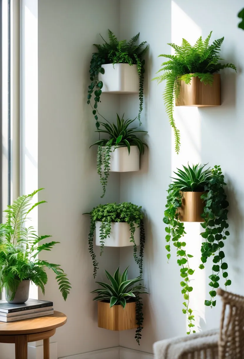 A corner of a room with several wall-mounted planters holding green plants arranged neatly on a white wall.