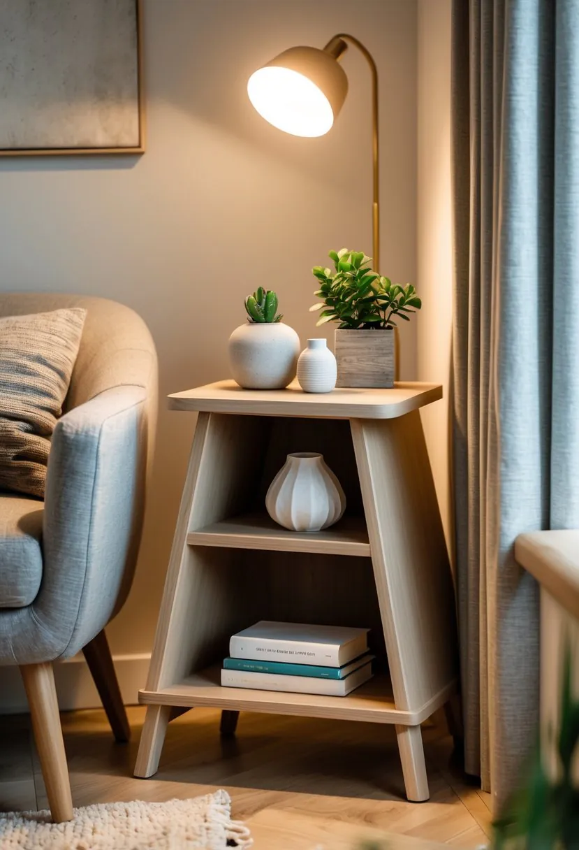 Triangle side table with storage placed in a corner of a living room, decorated with a plant, vase, and books, next to an armchair and floor lamp.