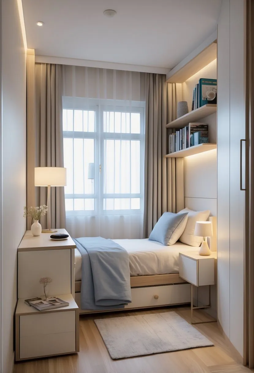 A small bedroom with a single bed, bedside table, wall shelf, and natural light coming through a window.