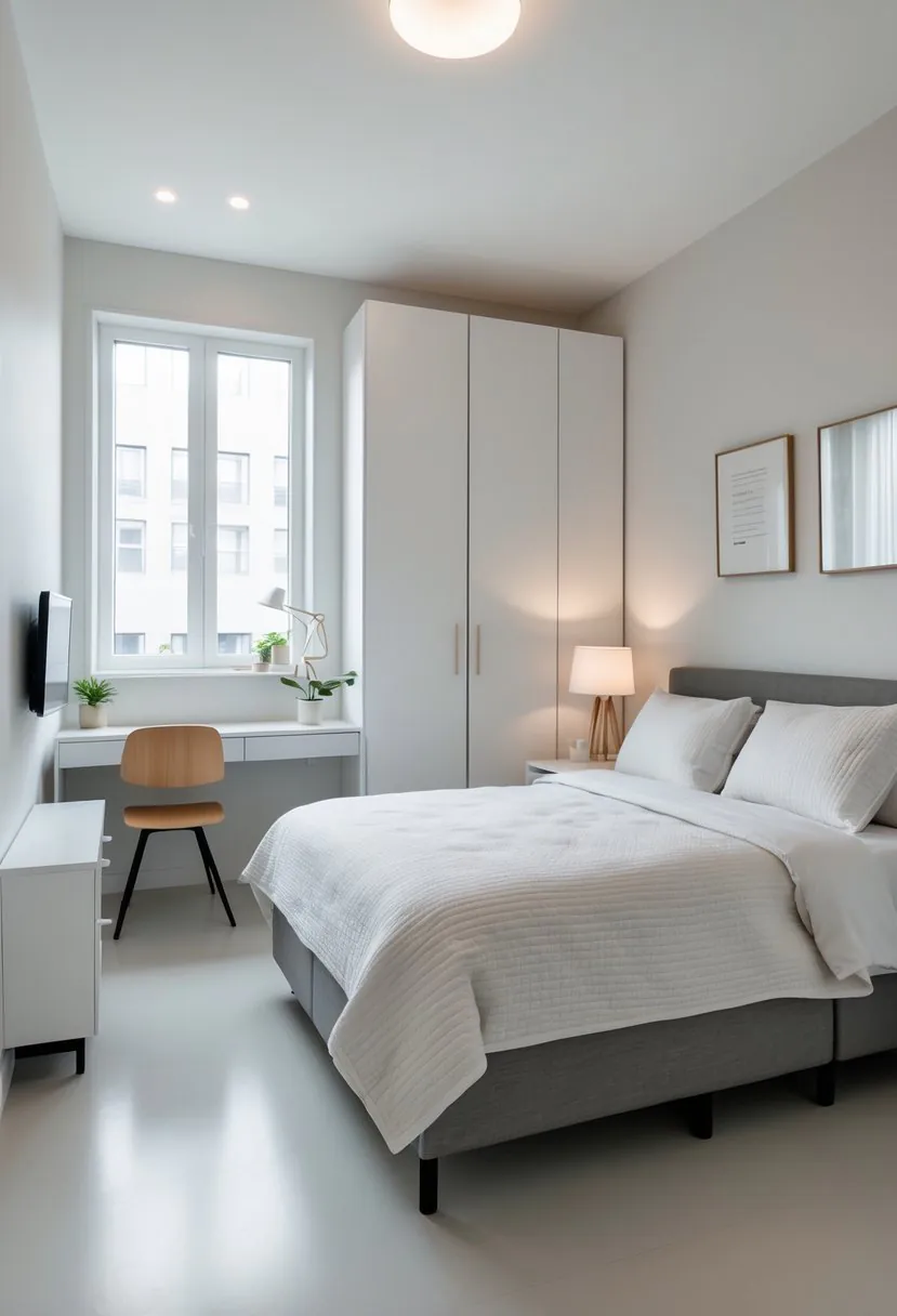 Small bedroom with neatly arranged bed, bedside table, desk by the window, and dresser, showing efficient use of space.