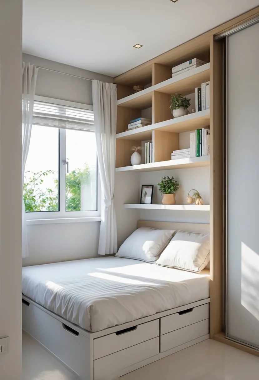 A small bedroom with a bed featuring built-in drawers, floating shelves on the walls, a slim wardrobe, and natural light coming through a window.