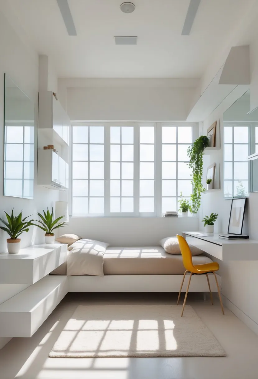 A small bedroom with a bed, large windows, mirrors, and minimalist furniture arranged to create a spacious and bright atmosphere.
