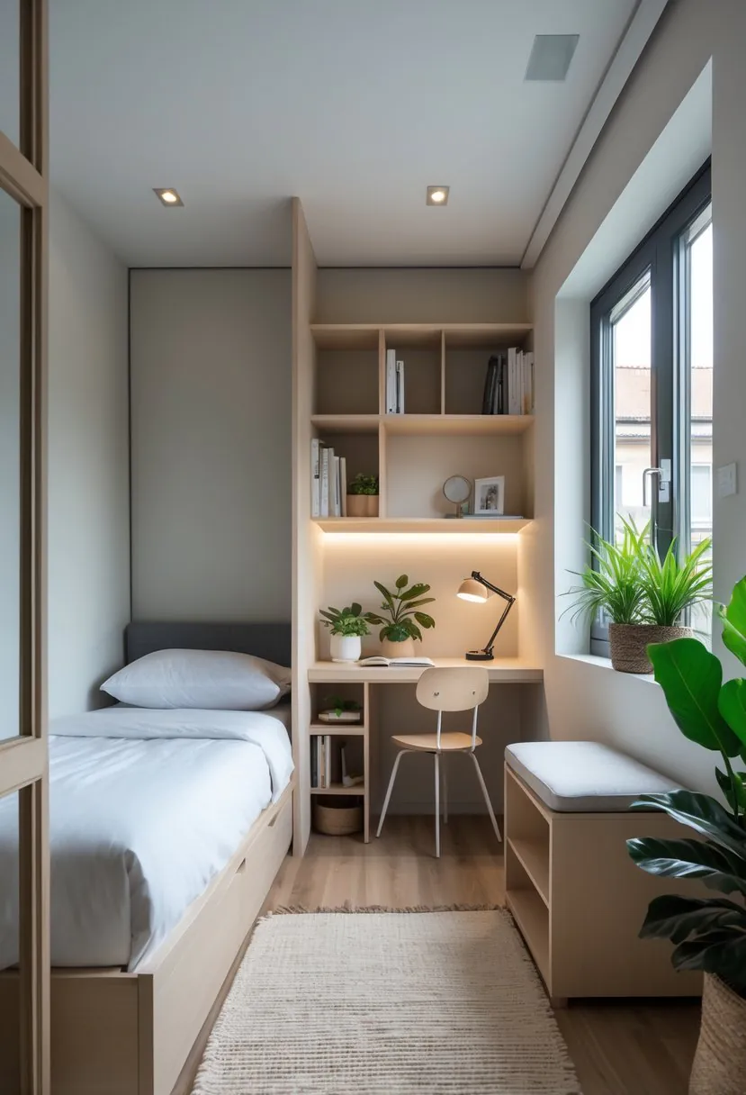 Small bedroom with a bed, reading nook, workspace, and room divider creating distinct areas.