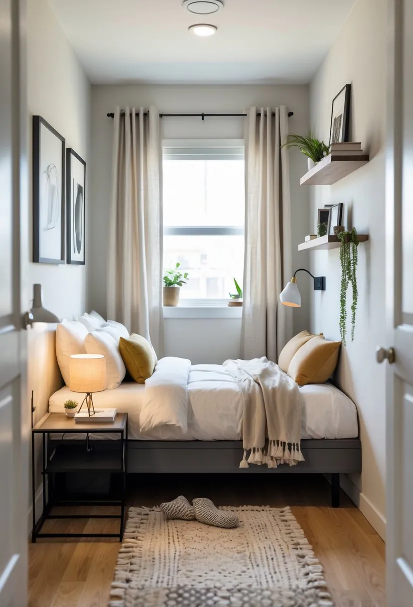A small bedroom with a bed, nightstand, lamp, wall art, and a window letting in natural light.