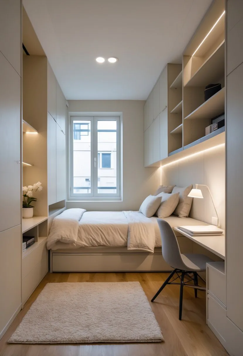 A small bedroom with a single bed, bedside table, desk, shelves, and a window letting in natural light.