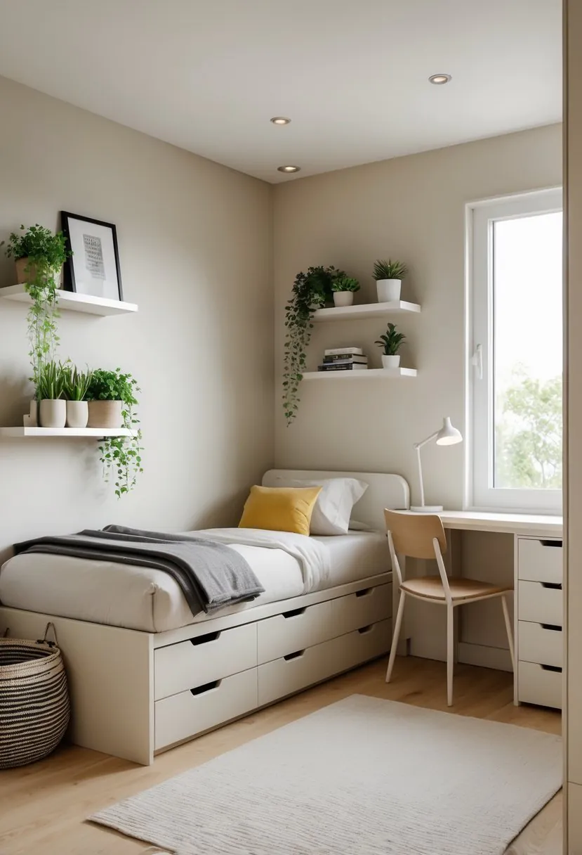 A small bedroom with a single bed, storage drawers underneath, a compact nightstand with a lamp, a slim desk near a window, and floating shelves with books and plants.