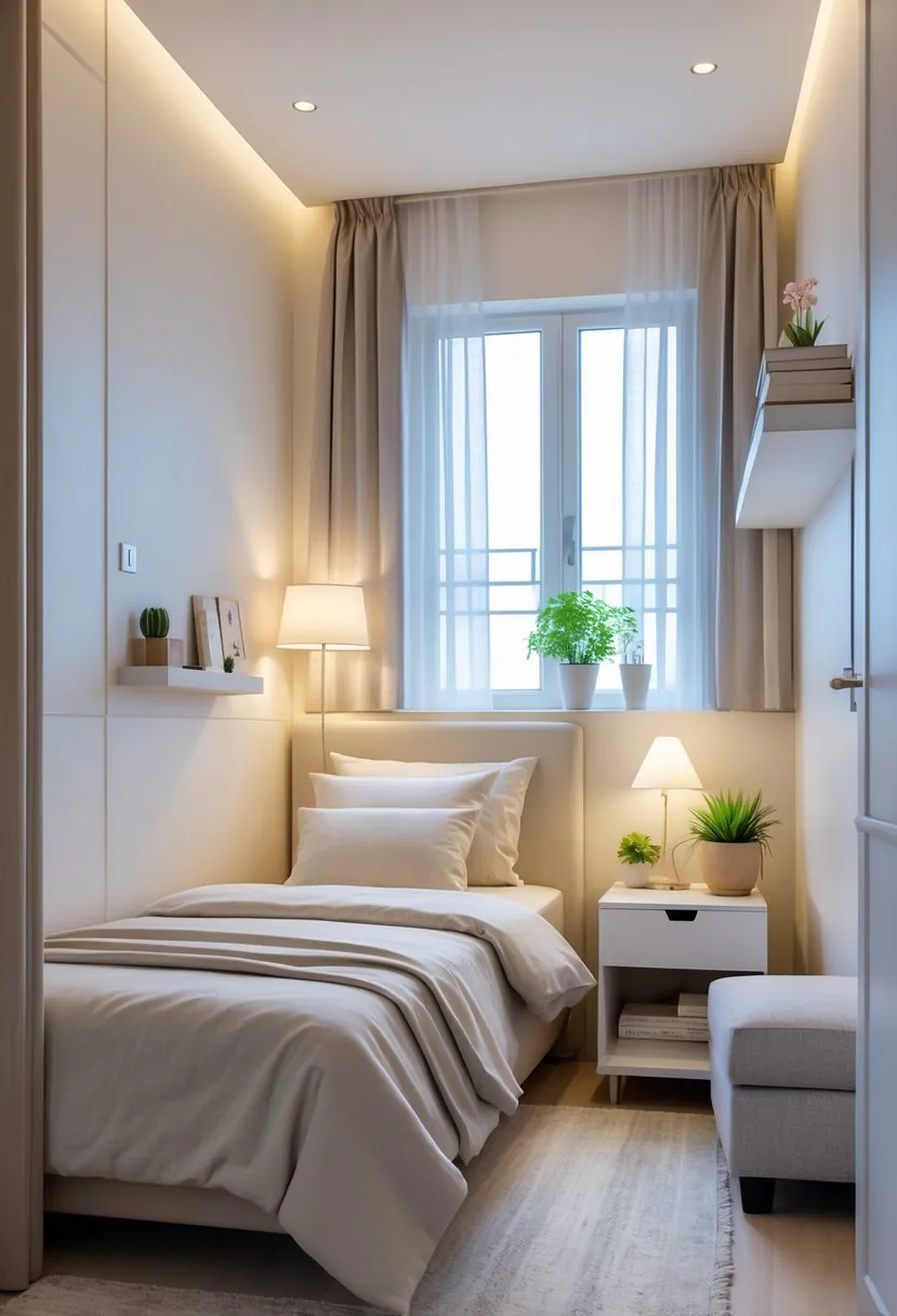 A small, neatly arranged bedroom with a single bed, bedside table, window with light curtains, and minimal decor.