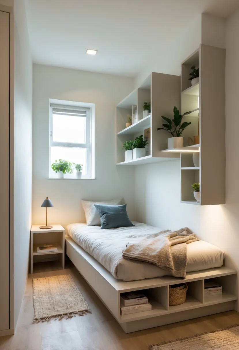 Small bedroom with a bed placed against a slanted wall, built-in shelves, a bedside table with a lamp, and plants, showing efficient use of space in an irregularly shaped room.