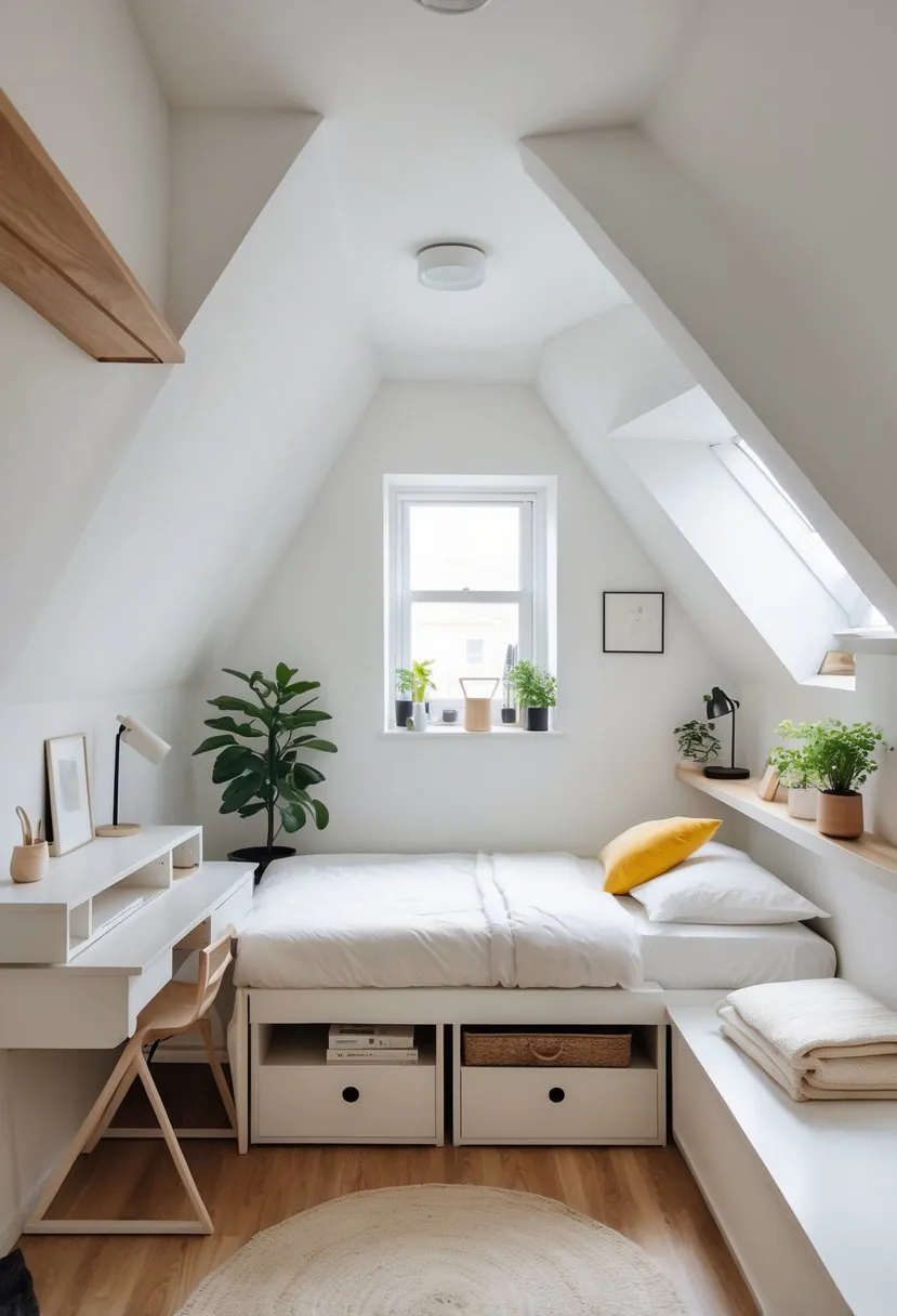 Small bedroom with slanted ceilings, a single bed, compact furniture, and natural light, arranged to make the most of the limited space.