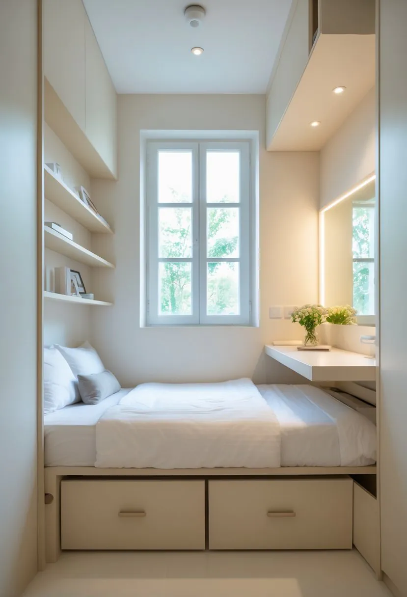 A small bedroom with a bed, built-in storage, a desk in the corner, and a window letting in natural light.