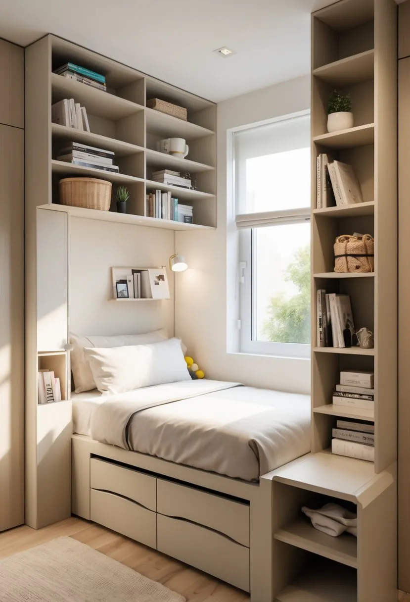 Small bedroom with built-in bed drawers, wall shelves, and a corner wardrobe maximizing storage in a tight space.